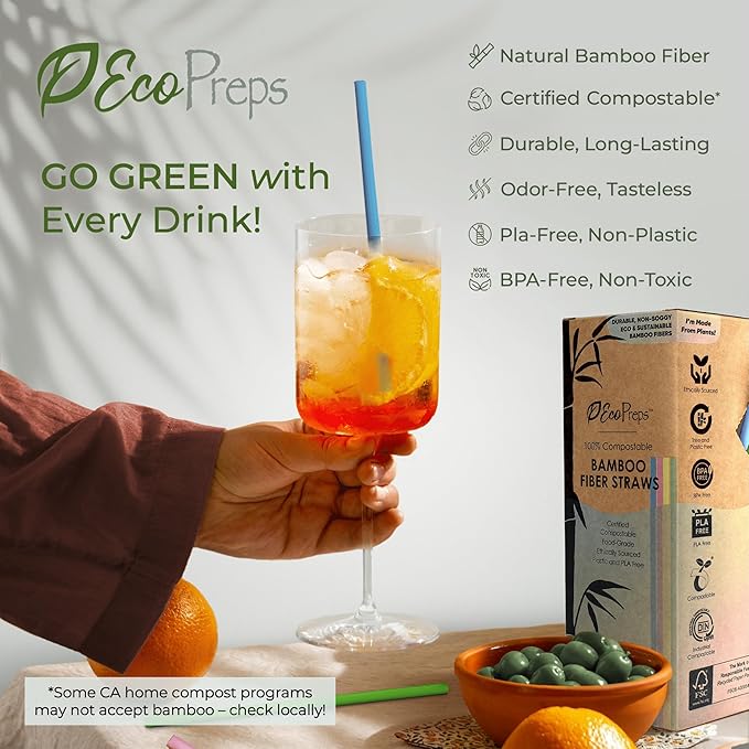 EcoPreps Colorful Biodegradable Bamboo Fiber Straws | 150 Count, 100% Compostable, Plastic-Free, Eco-Friendly Drinking Straws for Parties | 7.8'' Plant Fiber Disposable Straw, Multi-Color Straw Set