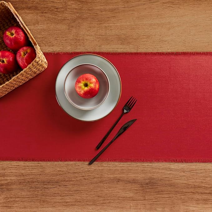 Solino Home Fringe Linen Table Runner 36 Inches - 100% Pure Linen Cherry Red Table Runner 14 x 36 Inch Ideal for Dresser and Coffee Tables - Mothers Day