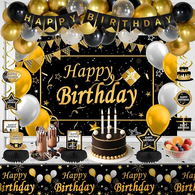 Black and Gold Birthday Decorations, Brithday Party Decorations for Men Boys Women Girls with Black Gold Happy Birthday Banner Decorations Tablecloth Backdrop Balloons Arch Bady Party Supplies
