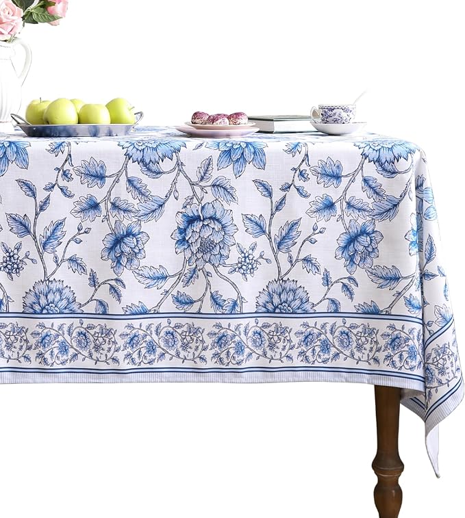 ISAENNE Designer French Linen Rectangular Tablecloth,118"x67"-BlueWilow | Chinoiserie Vintage Elegant Long Table Cloth Rectangle Table,Blue Floral Pattern,Beautiful,Dining,Kitchen,Thanksgiving