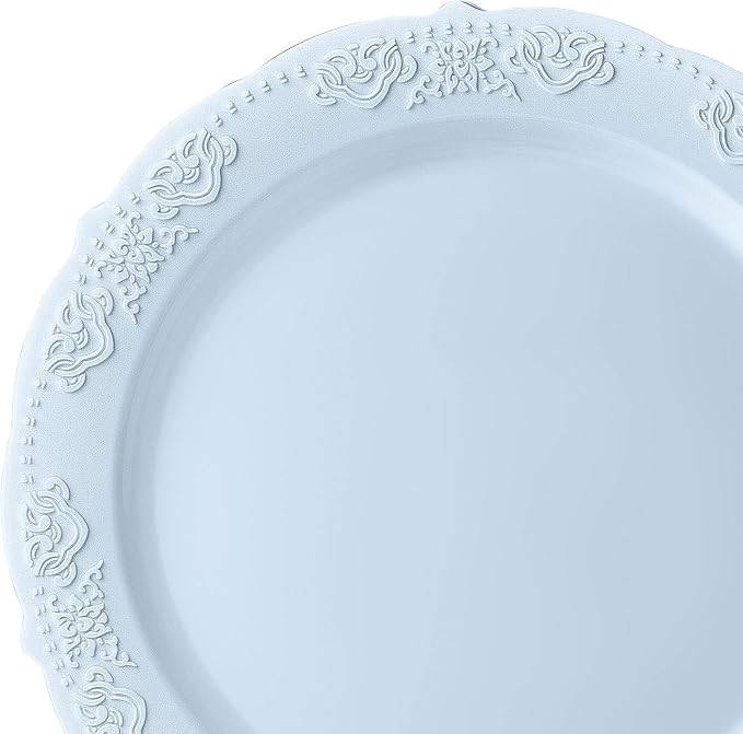 OCCASIONS 240 Fancy Blue Plastic Plates (120 Guests) - Heavy Duty Scalloped Dinnerware Set for Wedding Party, China-Like Look, BPA Free, 10.25" Dinner + 7.5" Salad/Dessert (Portofino Plain Blue)