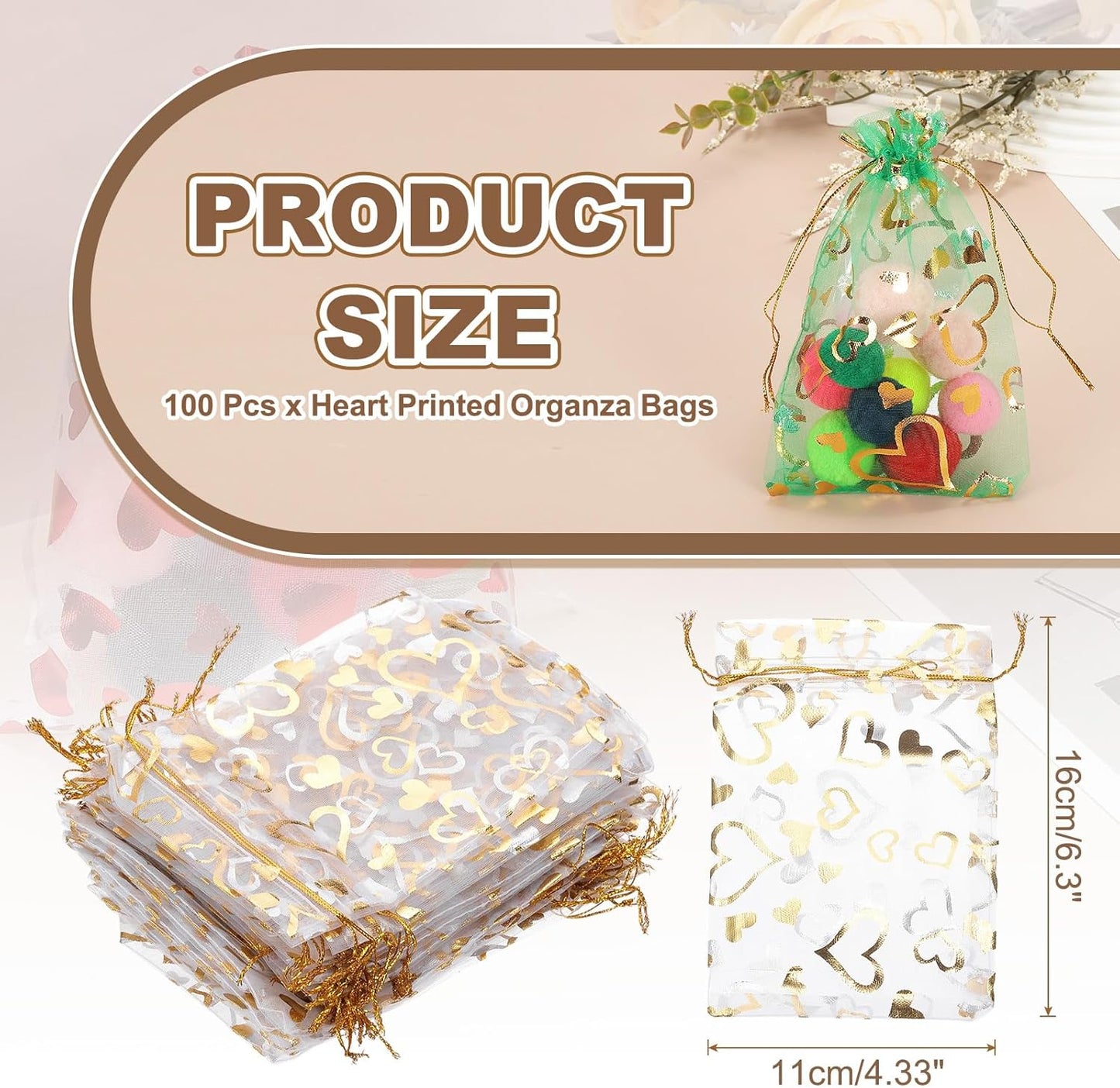 PATIKIL 100 Pcs 4x6 Inch Heart Printed Organza Bags, Gold Silver Sheer Heart Organza Bags with Drawstring for Christmas Candy Jewelry Party Wedding Favor Gift