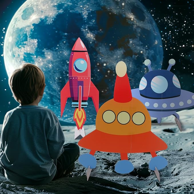 Leinuosen 3 Pcs Large Space Party Stand Decorations for Back to School Classroom Set Spacecraft Rocket Baby Shower Decorations Outer Space UFO Theme Birthday Camping Party Supplies Decor for Birthday