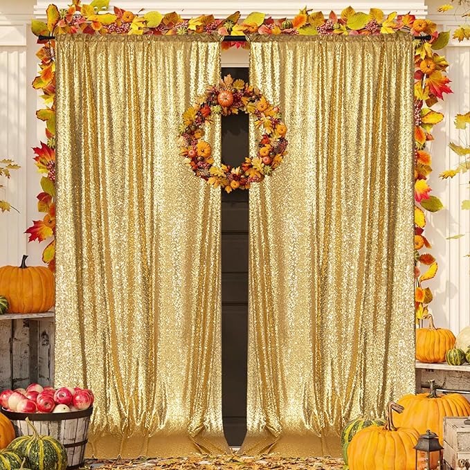 PartyDelight Gold Sequin Backdrop Curtains 5x10ft 2 Panels | 3mm stitched sequin curtain with 4 inch rod pocket for 5x10ft wide reception wall head table stage backdrop and event display