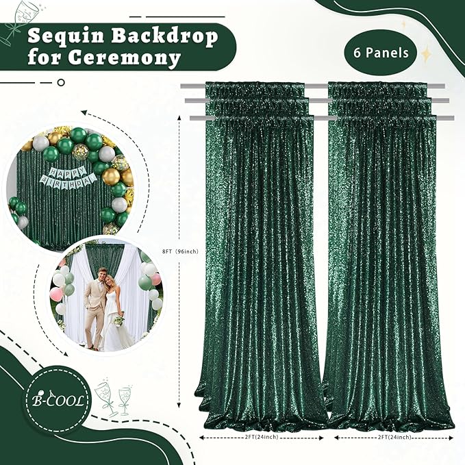 B-COOL Set of 6 Panels 2ftx8ft Emerald Green Sequin Backdrop Sparkle Background Curtains Fabric Glitter Backdrop for Party Ceremony Wedding Birthday Decoration