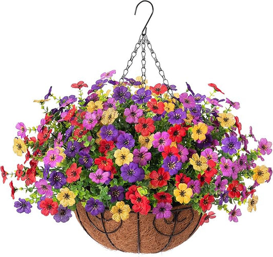 Ammyoo Artificial Faux Hanging Plants Flowers Basket for Spring Outdoor Decoration, Fake Silk Daisy UV Resistant Look Real with Eucalyptus Leaves Summer Outside Decor for Home Patio Garden