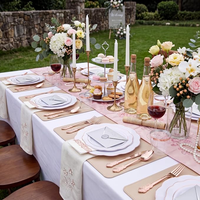 NOCCUR 175PCS Rose Gold Plastic Plates with Disposable Silverware - Include 25Dinner Plates, 25Dessert Plates, 25Forks, 25Knives, 25Spoons, 25Cups, 25Napkins for Party/Wedding/Birthday/Graduation
