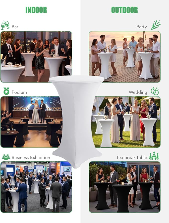 KeyWave Cocktail High Top Table Covers - 32x43 Inch Fitted Spandex Round Cocktail Tablecloth for Bar Height Standing Table Cloths Reusable, for Party Wedding Banquet Event Decorations, White, 6 Pack