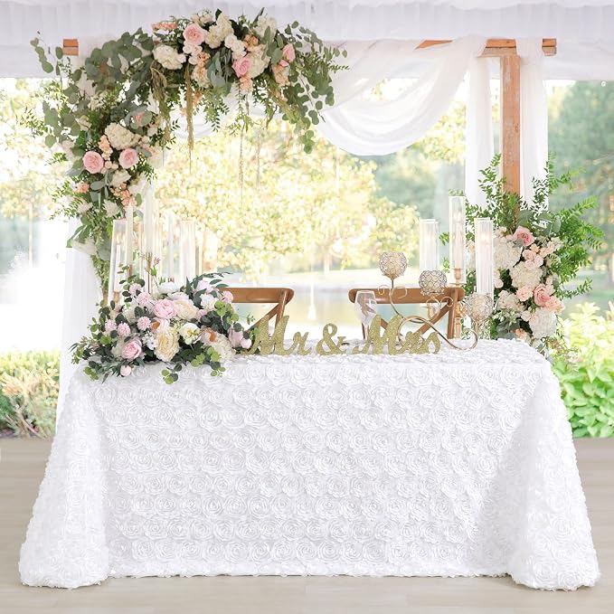 Fanqisi White Table Cloths Rosette Satin Table Cover 90x156 Inches for Baby Shower Wedding Boys Birthday Party Rectangle Table Decoration