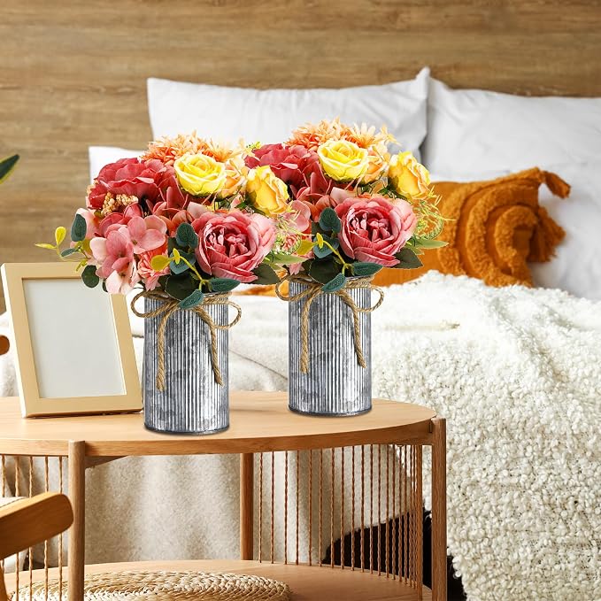 Rustic Vase for Table Centerpieces 4.33 Inch Small Petite Flower Vase with Twine Bow Vintage Farmhouse Decor for Wedding Reception Dining, Home Galvanized Metal Buckets(Iron Color,36 Pcs)