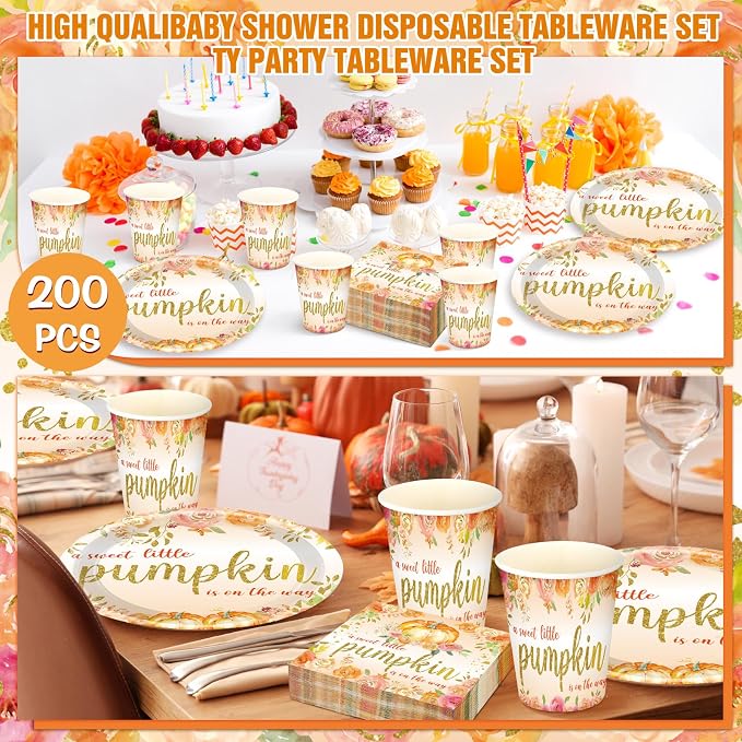 Hushee 200 Pcs Little Pumpkin Baby Shower Paper Plates Napkins Cups Baby Shower Party Supplies Tableware Set Yellow Disposable Cup Napkin for 50 Guest Autumn Thanksgiving Party Decoration
