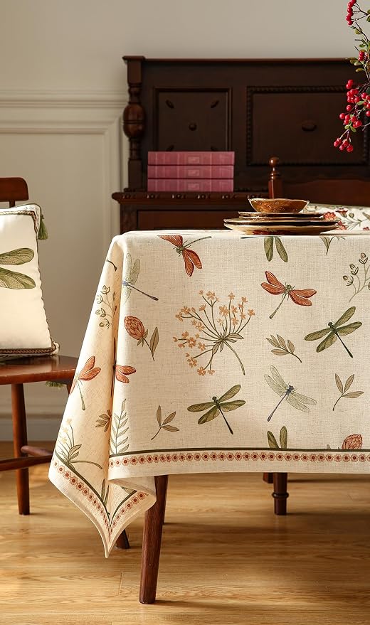 ISAENNE Designer Rectangular Elegant Linen Tablecloth,87"x55"-Grace B | Vintage French Printed Table Cloth Rectangle Table,Dragonfly Pattern,Durable,Heavyweight,Dining,Kitchen,Thanksgiving