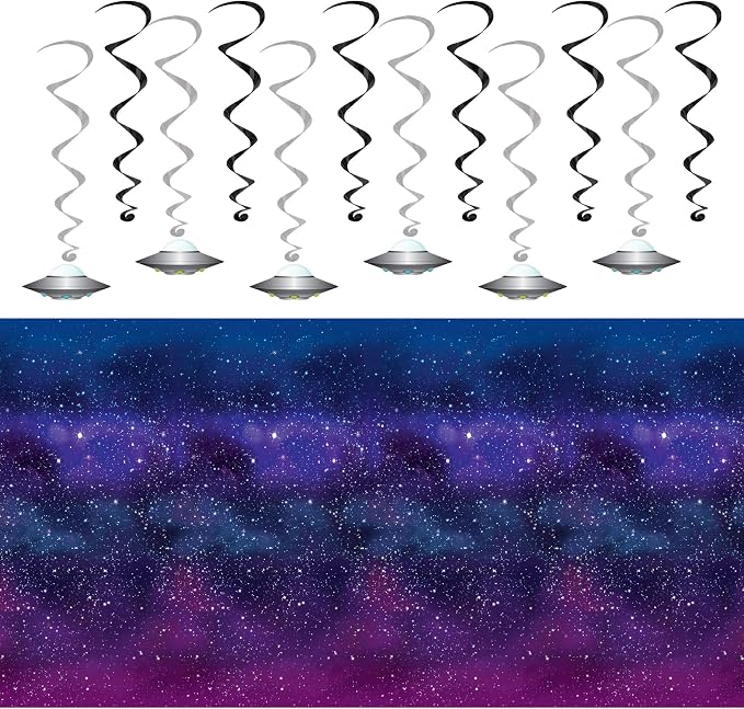 Beistle Flying Saucer Whirls & Galaxy Backdrop Set – 12 UFO Hanging Swirl Decorations and 4' x 30' Space Scene Backdrop for Alien, Outer Space, Sci-Fi & Cosmic Themed Birthday Parties and Celebrations