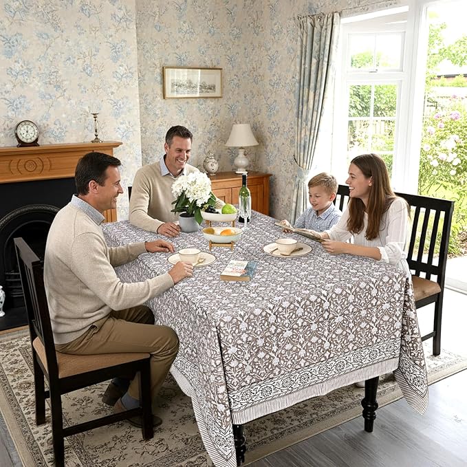 Ridhi Taupe Hand Block Print Cotton Rectangle Tablecloth 140" x 72" inches Reusable Table Cover Decorative Everyday Use for Dining Room, Farmhouse, Home Gift for Spring, Mother's Day