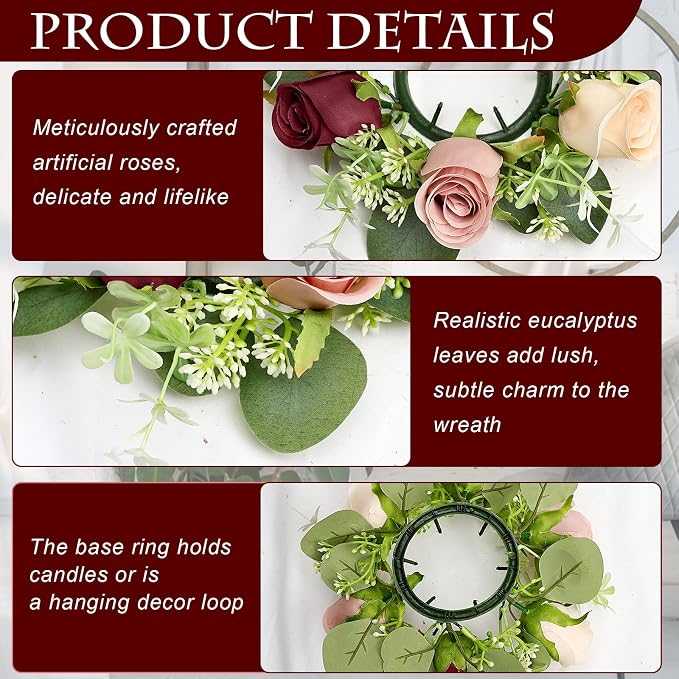 2 Sets Rose Candle Rings Wreaths, 3 Inch Artificial Flowers Candle Rings with LED Flameless Candles Burgundy Pink Eucalyptus for Table Centerpieces Home Wedding Party Decor