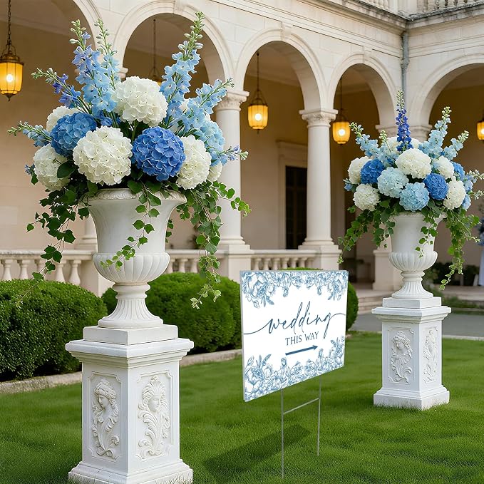 3 Pack 17''×12.5'' Wedding This Way Signs Double Sided Printed Wedding Directional Parking Sign with Stakes for Ceremony Reception Lawn Yard Arrow Signs Plastic Rainproof Party Supplies,Blue Floral