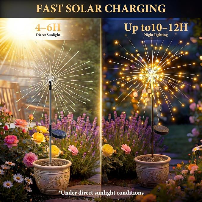 Solar Firework Lights Outdoor 4 Pack, 120LED Solar Starburst Garden Lights with 8 Modes,Waterproof Decorative Sparkler Light for Backyard, Garden, Patio & Lawn Landscape Decor