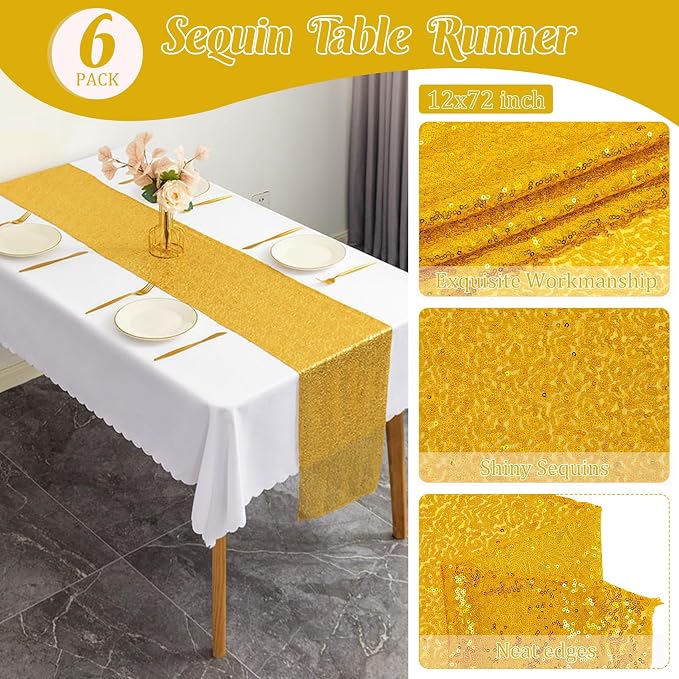 6 Pack Gold Sequin Table Runner 12" x 72" Sparkle Table Runner for Baby Bridal Shower Wedding Birthday Party Table Decor (Gold)
