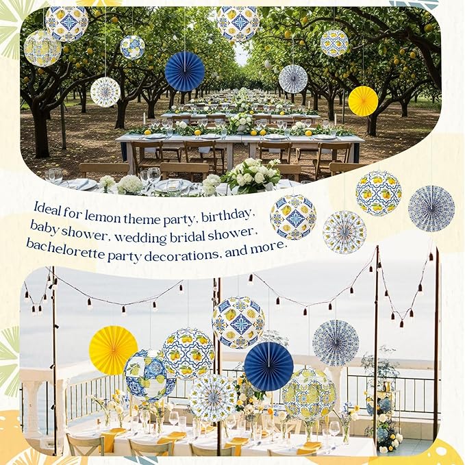 Baquler 24 Pcs Capri Lemon Party Decorations, 12 Paper Lanterns and 12 Hanging Fans, Amalfi Coast Mediterranean Blue Yellow Lemon Decor for Birthday, Bridal Shower, Baby Shower, Wedding, Summer Party