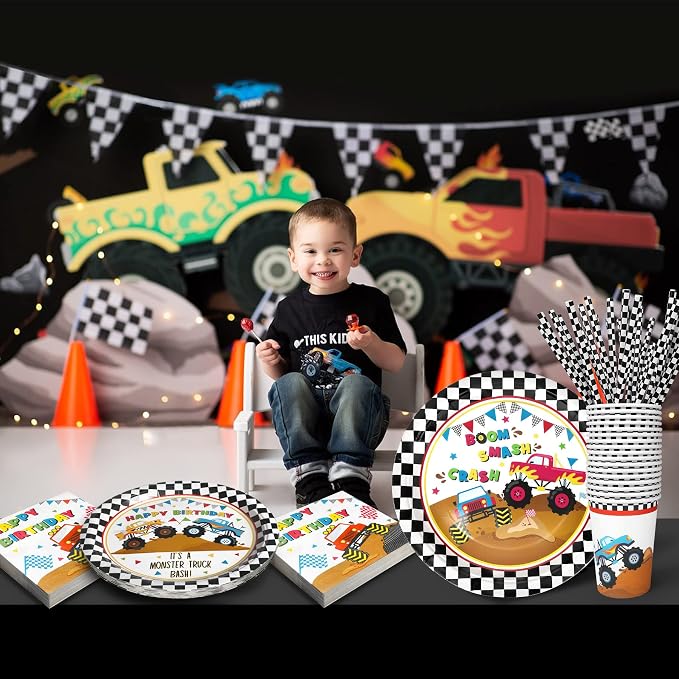 Recheel Monster Truck Party Supplies Decorations, Kids Birthday Paper Plates and Napkins Set with Cups and Straws for 24 Guests, 120 Pcs Disposable Party Dessert Dinnerwares