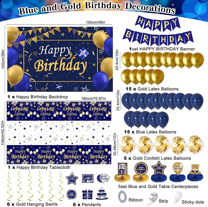 Blue and Gold Birthday Decorations, Brithday Party Decorations for Men Boys Women Girls with Blue Gold Happy Birthday Banner Decorations Tablecloth Backdrop Balloons Arch Bady Party Supplies