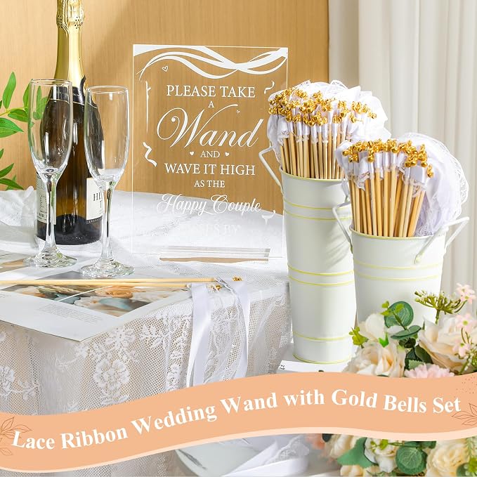Reallnaive 103 Pcs Wedding Ribbon Stick Wand with Metal Buckets and Acrylic Sign, Party Magic Fairy Wand with White Lace Ribbon and Gold Bells for Wedding Party Favor Decor