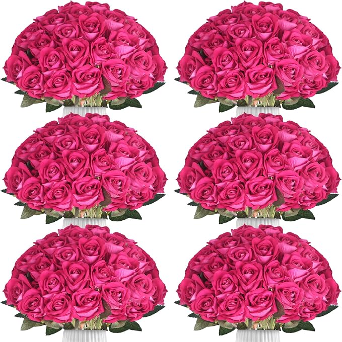 90pcs Fake Hot Pink Roses Artificial Flowers Bulk Realistic Silk Faux Rose with Stems for Wedding Decoration Anniversary Bridal Bouquet DIY Floral Arrangement Romantic Home Decor Gifts