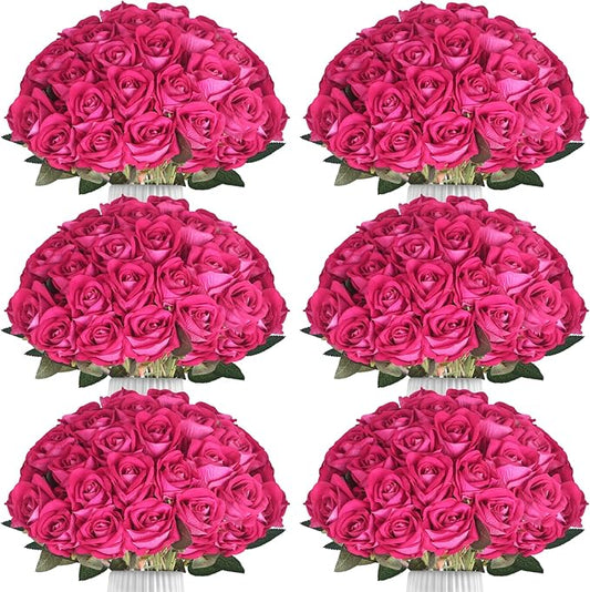 90pcs Fake Hot Pink Roses Artificial Flowers Bulk Realistic Silk Faux Rose with Stems for Wedding Decoration Anniversary Bridal Bouquet DIY Floral Arrangement Romantic Home Decor Gifts