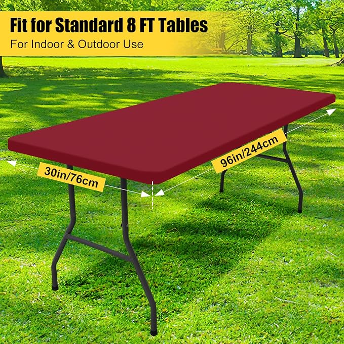 Smiry 6 Pack Rectangle Picnic Table Cloth, Waterproof Elastic Fitted Tablecloths, Washable Polyester Rectangular Patio Table Cover for Camping, Indoor and Outdoor (Wine Red, 30"x96")