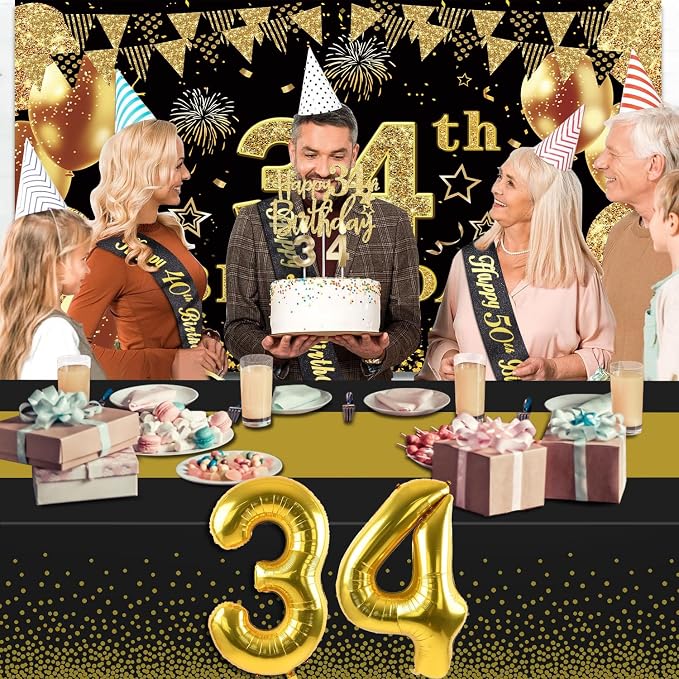 34th Birthday Decorations Men Women with 34th Birthday Banner, Black and Gold Table Cloth, Number Balloons, Large Sash, Cake Topper and Candles