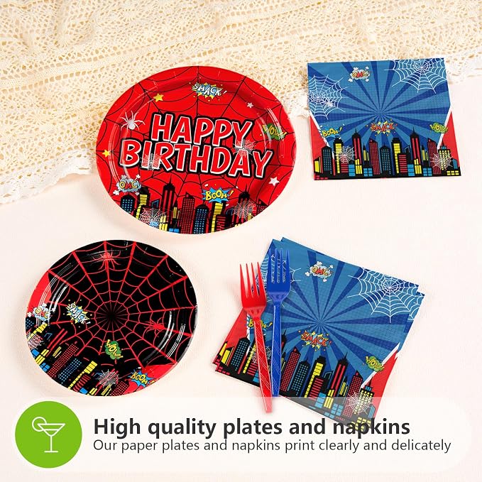 Grencian 96Pcs Cartoon Spider Birthday Party Decorations Red Blue Spider Birthday Plates and Napkins Disposable Hero Paper Tableware Set for Kids Baby Shower Super Theme Party Supplies, Serves 24
