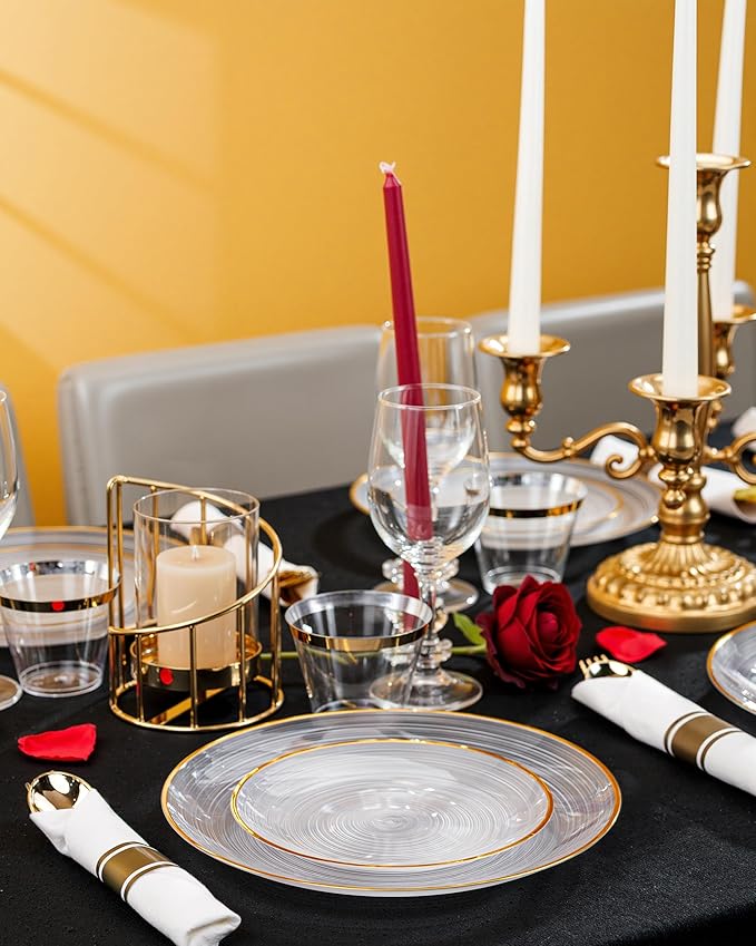 Morejoy 350PCS Clear Gold Plastic Plates - Disposable Gold Party Plates & Pre Rolled Napkins with Cutlery for 50 Guests, 100Plates, 150Silverware, 50Cups, 50Napkin for Party & Mother's Day