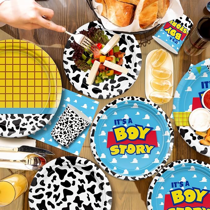 120pcs Toy Baby Shower Decorations Plates Napkins It's Boy Paper Cup Disposable Tableware Set Cartoon Baby Shower Party Kids For 30 Guests