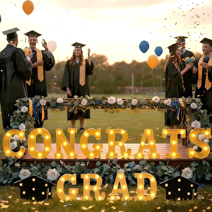 Honoson 14 Pcs Congrats Grad Decorations Lights up Sign with 2 Cap Lights Graduation Party Decorations for Kindergarten High School College Grad Senior Night Celebrations