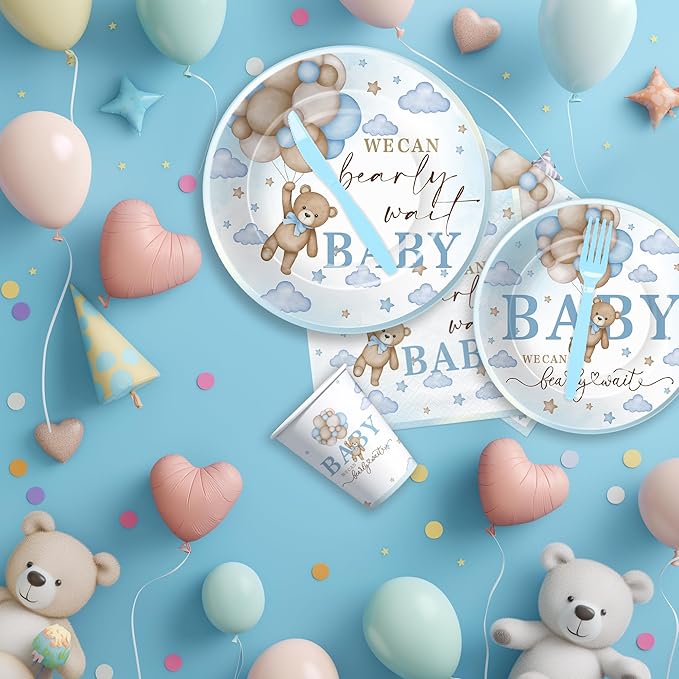 Bear Baby Shower Decorations Boy Tableware - Blue Bear We Can Bearly Wait Baby Shower Decorations Party Supplies, Paper Plate, Napkin, Cup, Cutlery, Tablecloth, 24 Guests