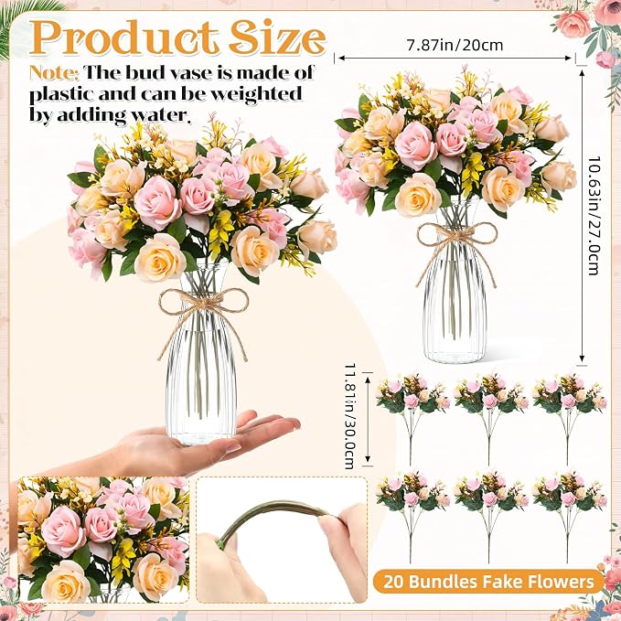 Zeyune 31 Pcs Rose Artificial Flowers with Vase Bulk for Table Centerpiece, 20 Bundles Fake Silk Roses 10 Plastic Clear Vase with 1 Pcs Rope Arrangement Decoration Wedding Home Party(Champagne,Pink)
