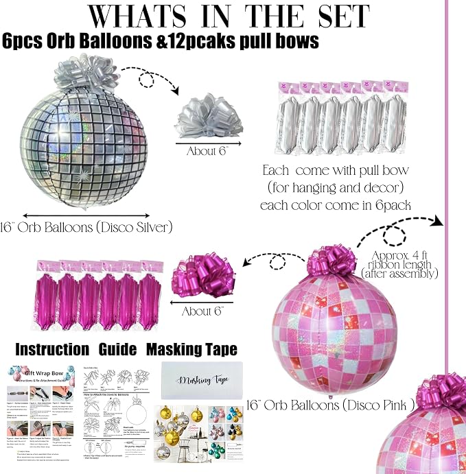 6 Pack 4D Disco Ball Ornament Balloons with 12 Pull Ribbon Gift Bows – Y2K Ceiling Hanging Balloon Set for Prom, Disco Party, Cowgirl Retro Party & Bachelorette Decorations