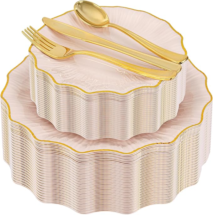 U-QE 150PCS Pink Plastic Plates for Party, Heavy Duty Pink Disposable Plates, Gold Dinnerware Set Include 30 Dinner Plates,30 Dessert Plates,30 Gold Plastic Silverware Set for Mothers Day, Party