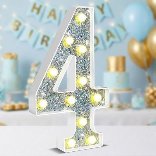 12.6 Inch LED Silver Marquee Light Up Numbers, 4th Birthday Decorations Number Lights as Gifts for Girls Boys, Glitter Lighted Marquee Numbers for Silver Anniversary Party Table Decor, 4