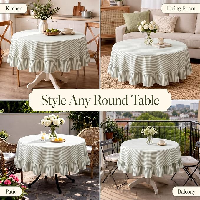 Boao Cotton 54 Inch Farmhouse Ruffle Tablecloth Sage Green White Striped Flounces Trim Table Cover for Round Table Kitchen Party Wedding Decor
