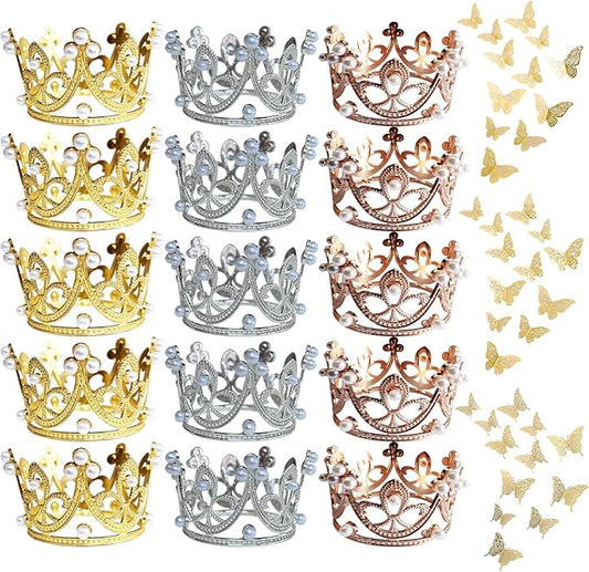 51Pcs Mini Crown Cupcake Topper Mini Baby Gem Pearl Crown Tiara Cake Topper for Women Lady Girl Birthday Bridal Wedding Royal Themed Party Decorations,Flower Bouquet Accessories