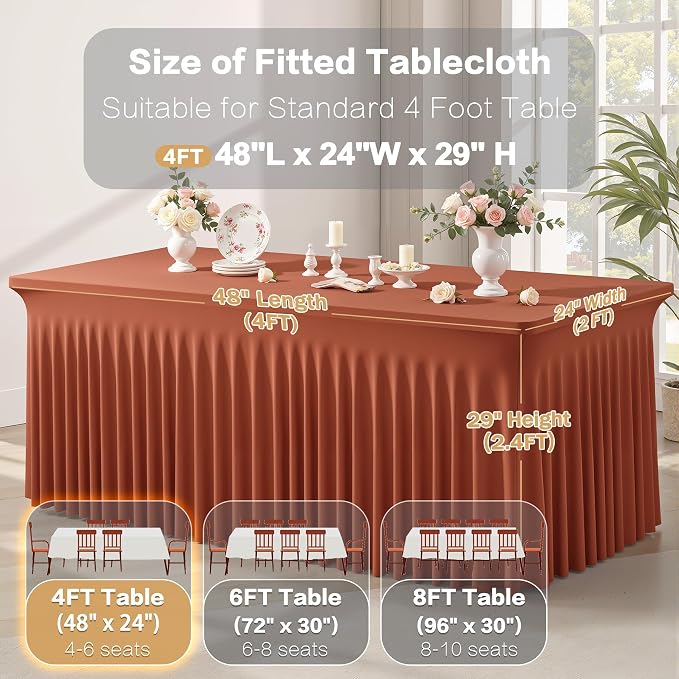 2 Packs Terracotta Spandex Table Cloths 4 Foot, Fitted Stretch Table Cover with Skirts 24x48 Inch, Wrinkle-Free Floor Length Tablecloths Rectangular for Weddings Parties Banquets Events Decorations