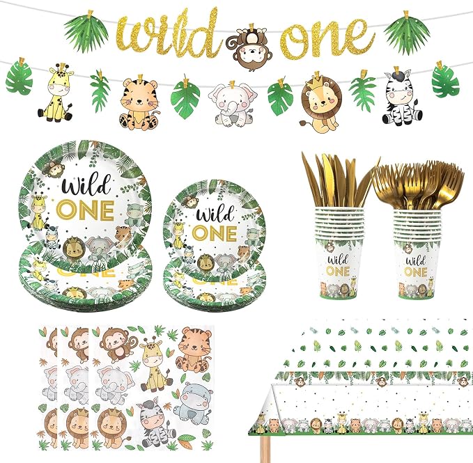 Wild One Birthday Decorations,182pcs Jungle Safari Theme Party Supplies,Includes Plates Napkins Cutlery Tablecloth and Banner,for Baby Shower or Boys 1st Birthday Party,Serve 30 Guests