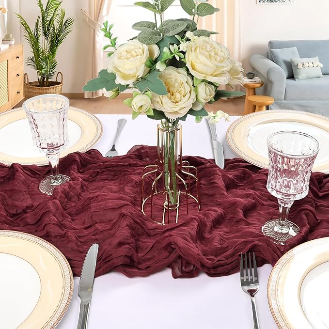 12 Pack 10FT Burgundy Cheesecloth Table Runner 120 Inch Long Gauze Rustic Boho Spring Cheese Cloth Table Runner Sheer Fabric Decorations for Holiday Party Wedding Banquet Bridal Baby Shower Décor