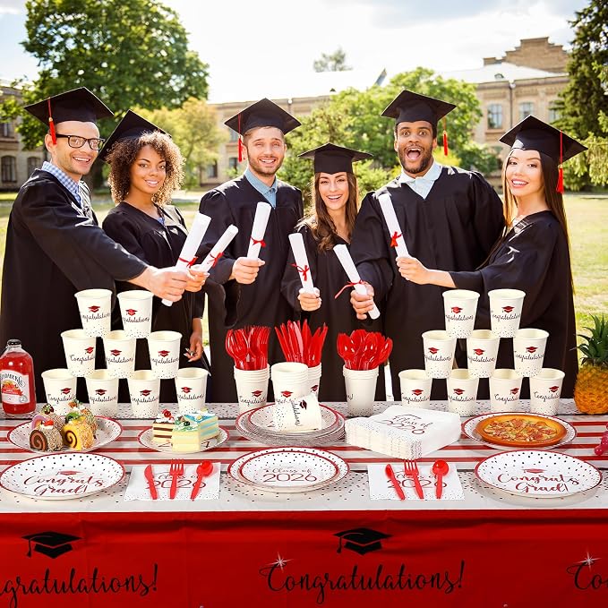 175pcs Class of 2026 Graduation Plates and Napkins Set, Disposable Paper Plate Set Polka Dots Napkins Cups Knife Fork Spoon for Graduation Party Decorations and Supplies,Serve 25 (White Red)