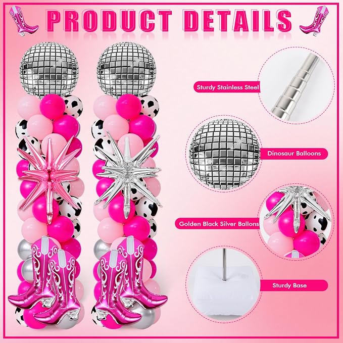 2 Sets Disco Cowgirl Balloon Column Stand Kits Adjustable Pink Balloons with Disco Ball Explosion Star Cowgirl Boot Themed Tower Stand Kit for Western Party My First Rodeo Baby Shower Decorations