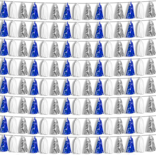 8P Navy-Blue White-Silver Tassel Garland Banner, Tassels Banner Streamers for Parade Floats, Bachelorette, Wedding, Birthday, Halloween, Christmas, Bridal/Baby Shower Gratulations Party Decorations