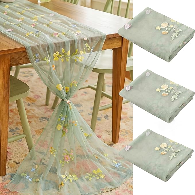 Lounsweer 3 Pcs Sage Green Wildflower Table Runner 10ft Embroidery Tulle Spring Floral Table Runner Seasonal Summer Butterfly Kitchen Dining Gauze Decoration for Wedding Baby Shower Birthday Party