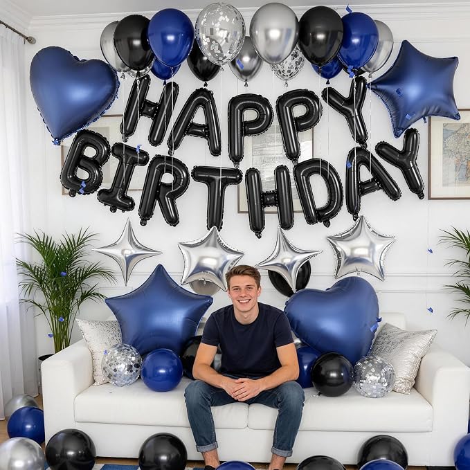 Navy Blue and Black Birthday Decorations for Men Black Pearl Royal Blue Silver Metallic Balloons Confetti Balloon Happy Birthday Banner Heart Balloons 18/10 Inch Star Balloon for Bday Party Supplies