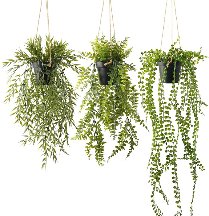 3 Packs 28" Fake Hanging Plants with Black Pots for Wall Decor | Artificial Fern Plants, Indoor/Outdoor Use, for Home Bathroom Bedroom Office Decor, Easy to Clean, Lifelike Appearance